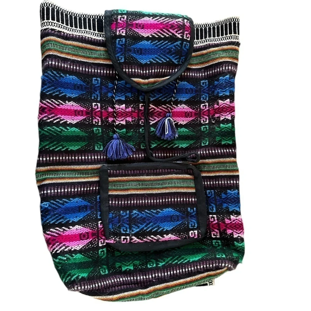 Boho Hand-Woven 100% Wool Blanket Flap Backpack, Made in Ecuador